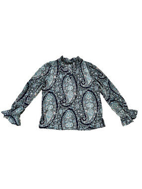 J. Crew J Crew Blue Black Paisley Print Blouse Long Sleeves V-Neck Ruffle S